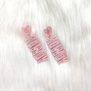 Pink and white western glitter heart howdy charm resin earrings